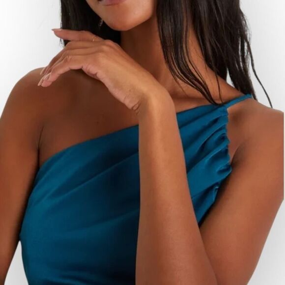Lulus Mini Dress Women's L Teal Blue Satin One Shoulder Ruched Sleeveless New - Picture 12 of 12